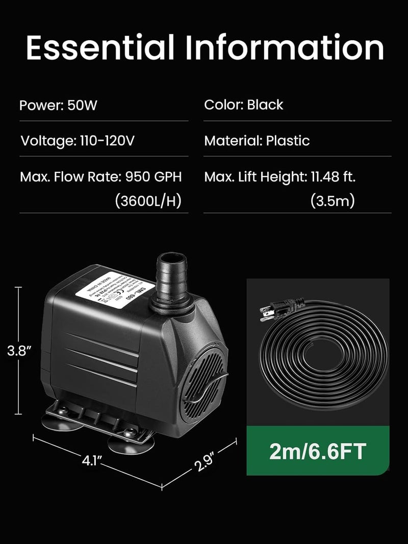 GROWNEER 950GPH Submersible Pump 50W Ultra Quiet Fountain Water Pump 3600L/H, with 9.8ft High Lift, 4 Nozzles for Aquarium, Fish Tank, Pond, Hydroponics, Statuary, Garden, Black (950GPH) - Image 5